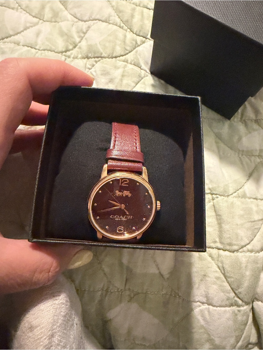 Coach Burgundy Leather Strap Watch with Rose Gold Case